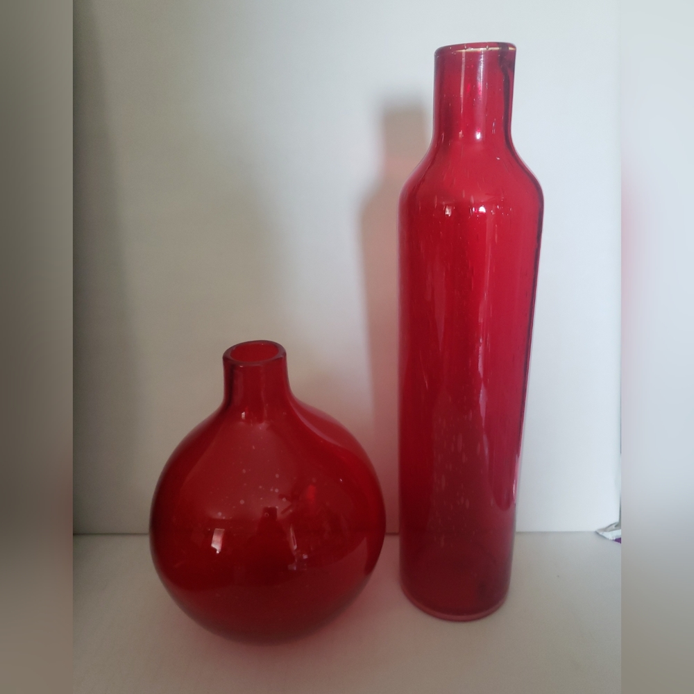 2 Red Glass Vases